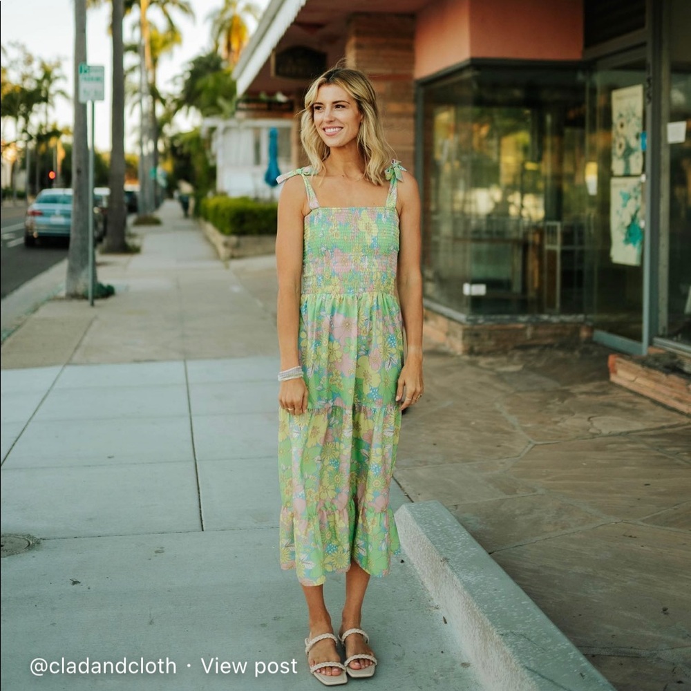 Clad & Cloth green floral tier maxi dress. Size S. New without tags.